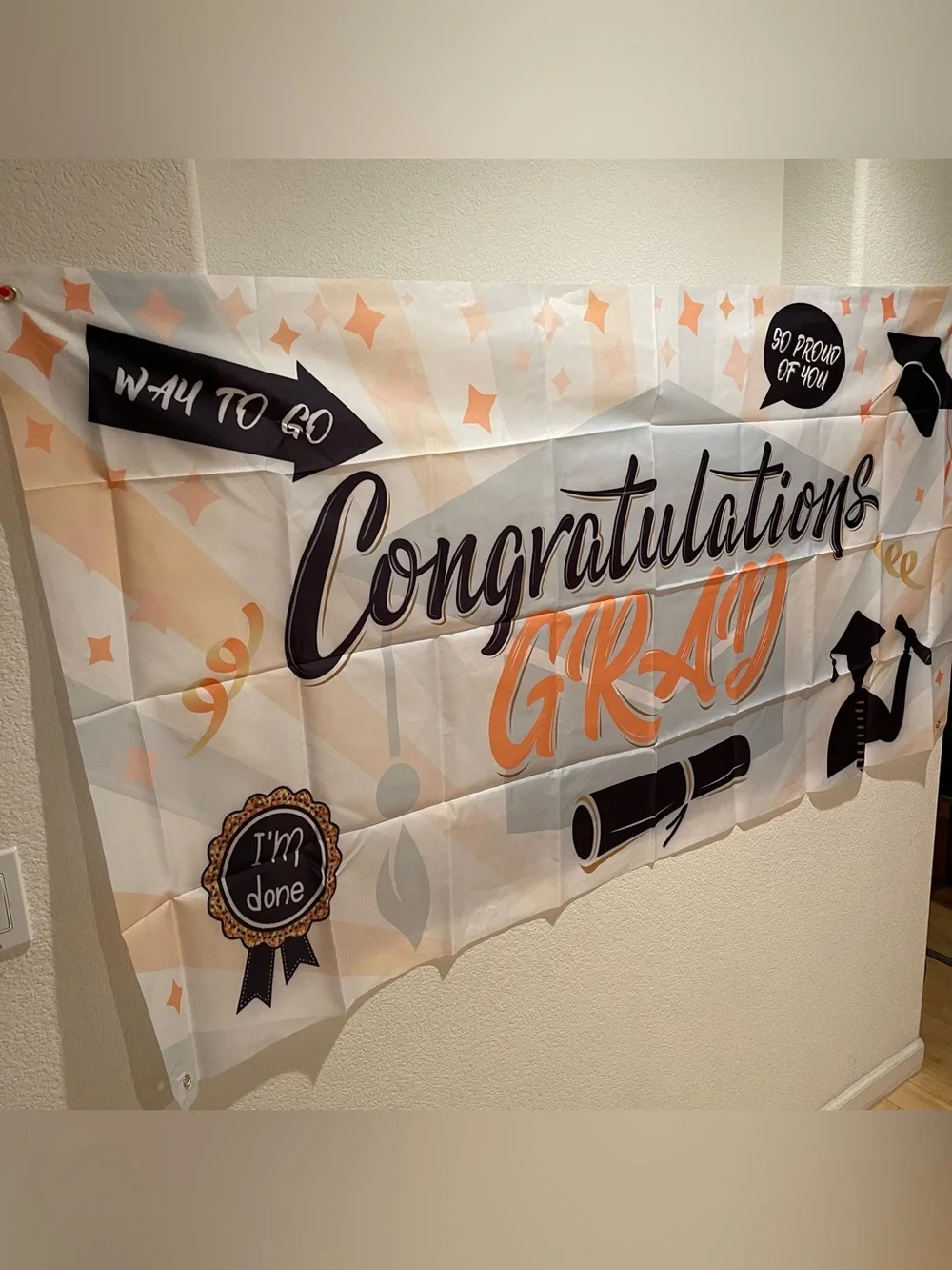 Congratulations Grad Banner - White, Orange, Black Party Decor